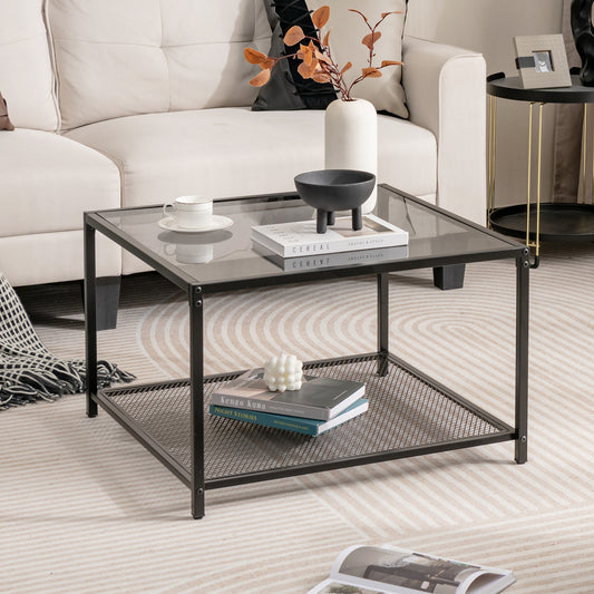 Modern 2-Tier Square Glass Coffee Table with Storage-Grey