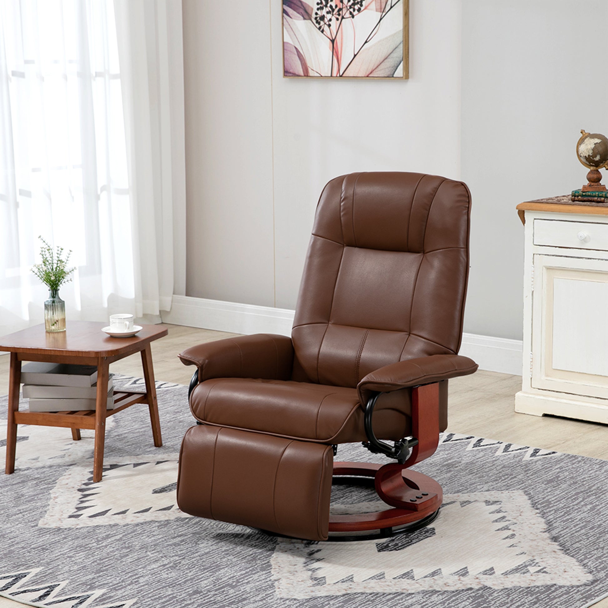 HOMCOM Swivel Recliner, Faux Leather Reclining Chair, Upholstered Armchair with Wooden Base for Living Room, Bedroom, Brown