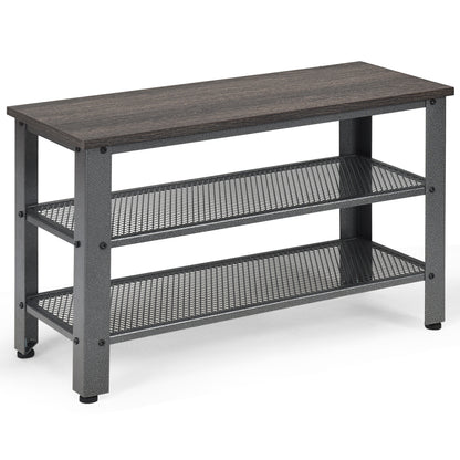 3-Tier Industrial Shoe Rack Bench with Storage Shelf-Grey