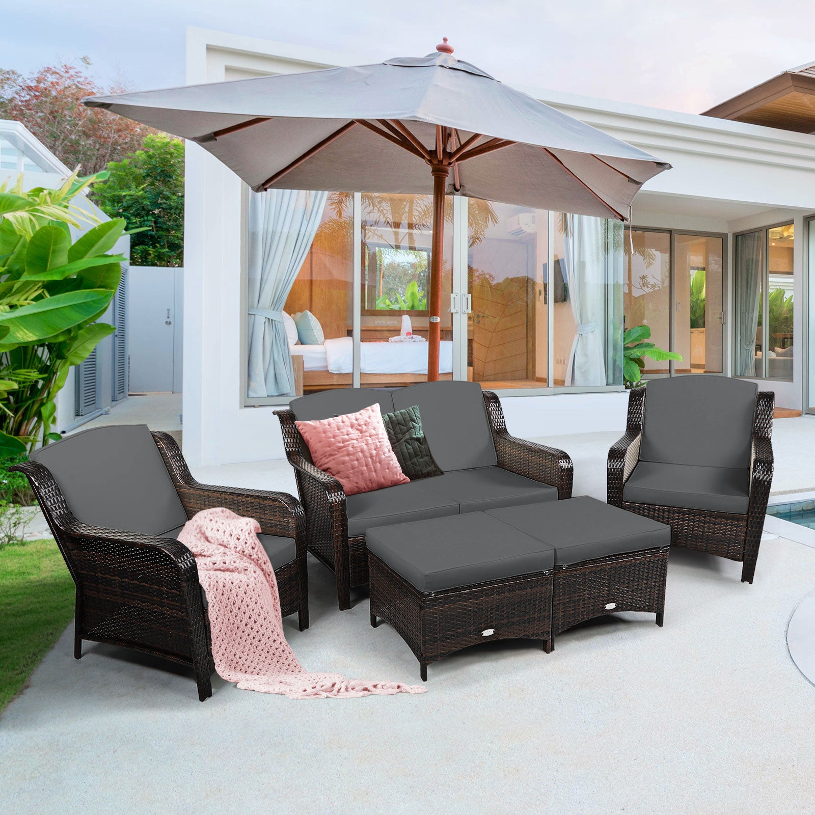 5 Pieces Patio Furniture Set with Removable Cushions and Strong Frame-Grey