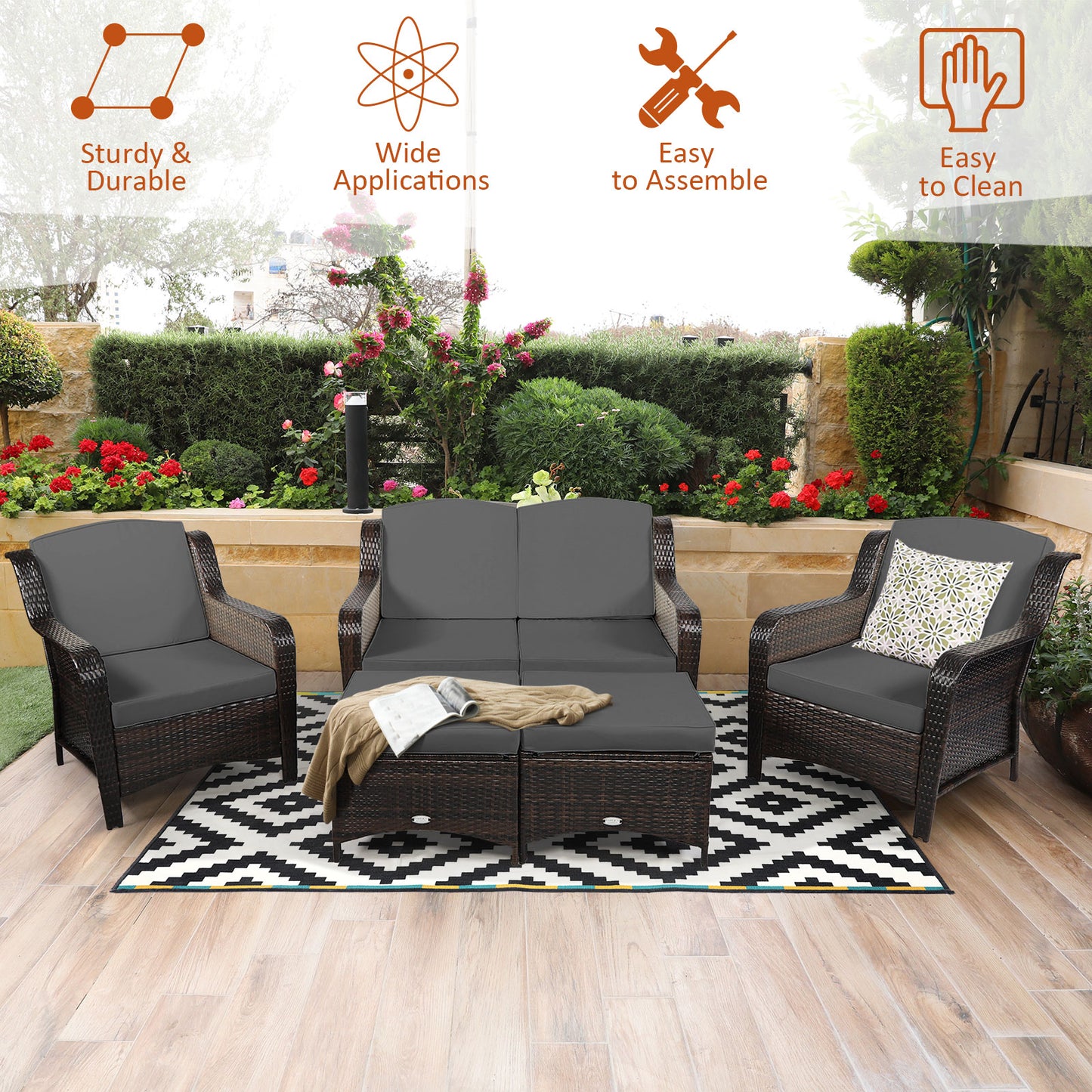 5 Pieces Patio Furniture Set with Removable Cushions and Strong Frame-Grey