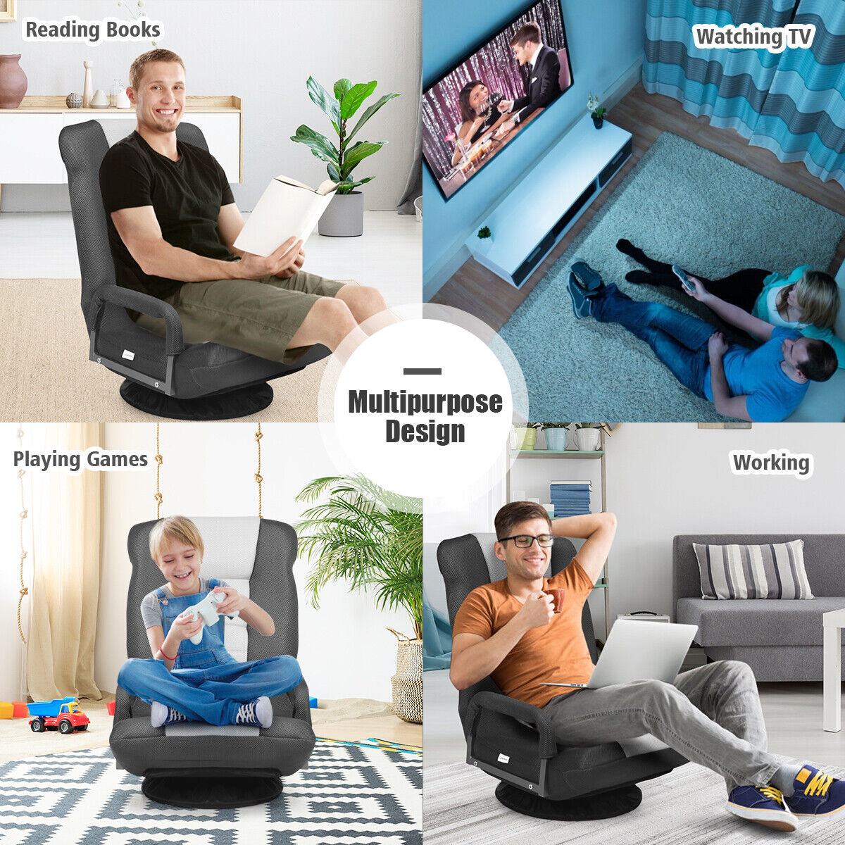 Foldable 360-Degree Swivel Gaming Floor Chair with Adjustable Backrest-Grey