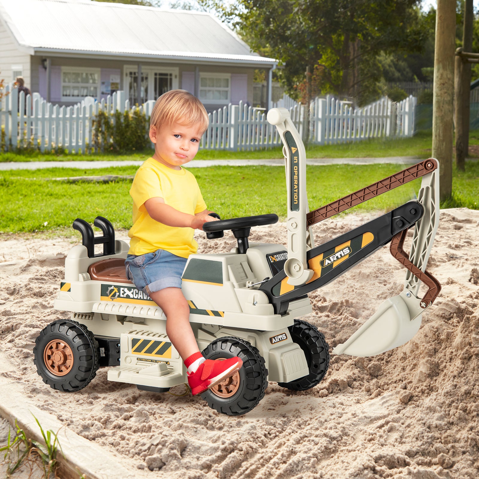 Kids Ride On Excavator with Rotating Seat and Underneath Storage-Grey