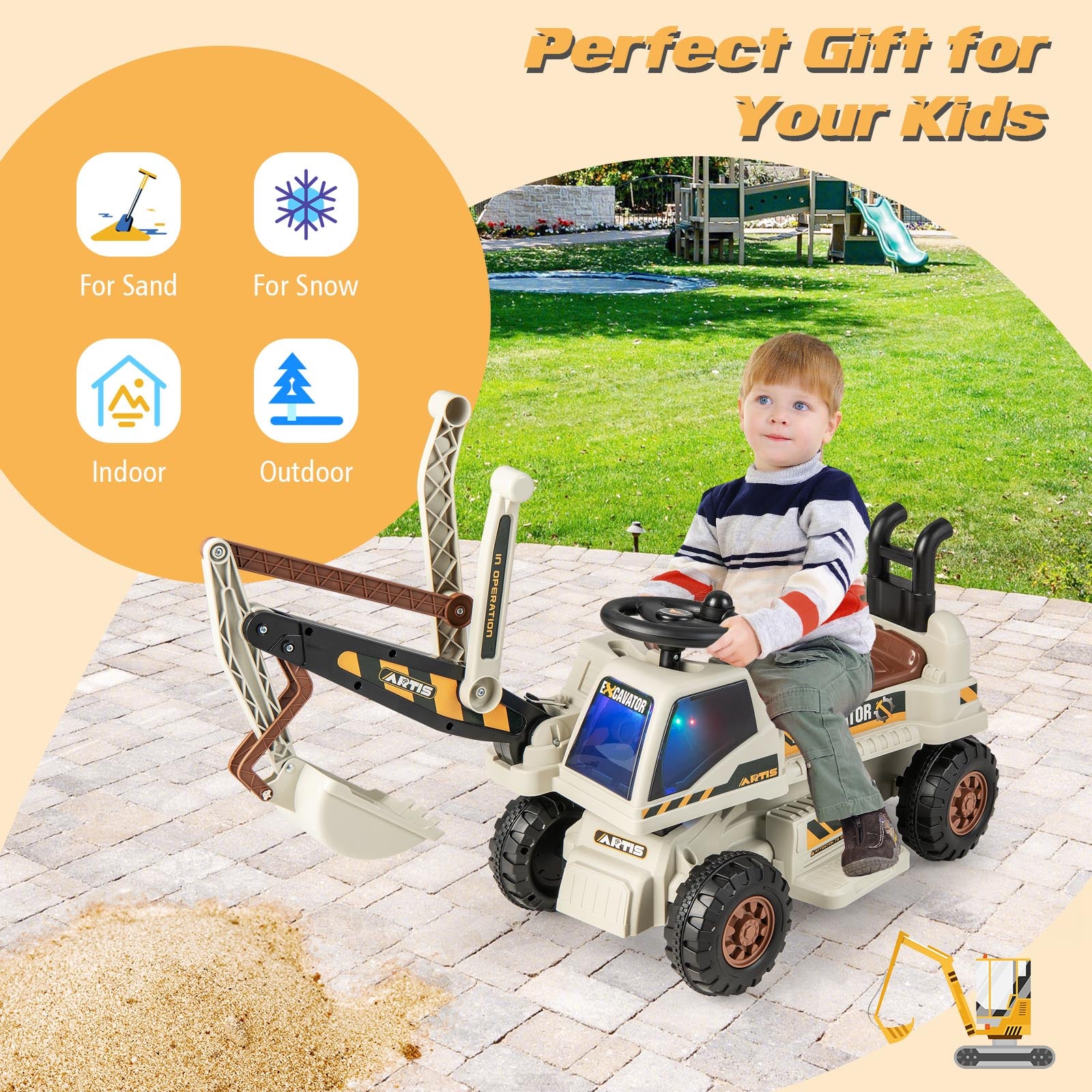 Kids Ride On Excavator with Rotating Seat and Underneath Storage-Grey