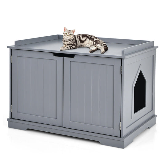 Large Cat Litter Box with Double Doors and Removable Divider-Grey