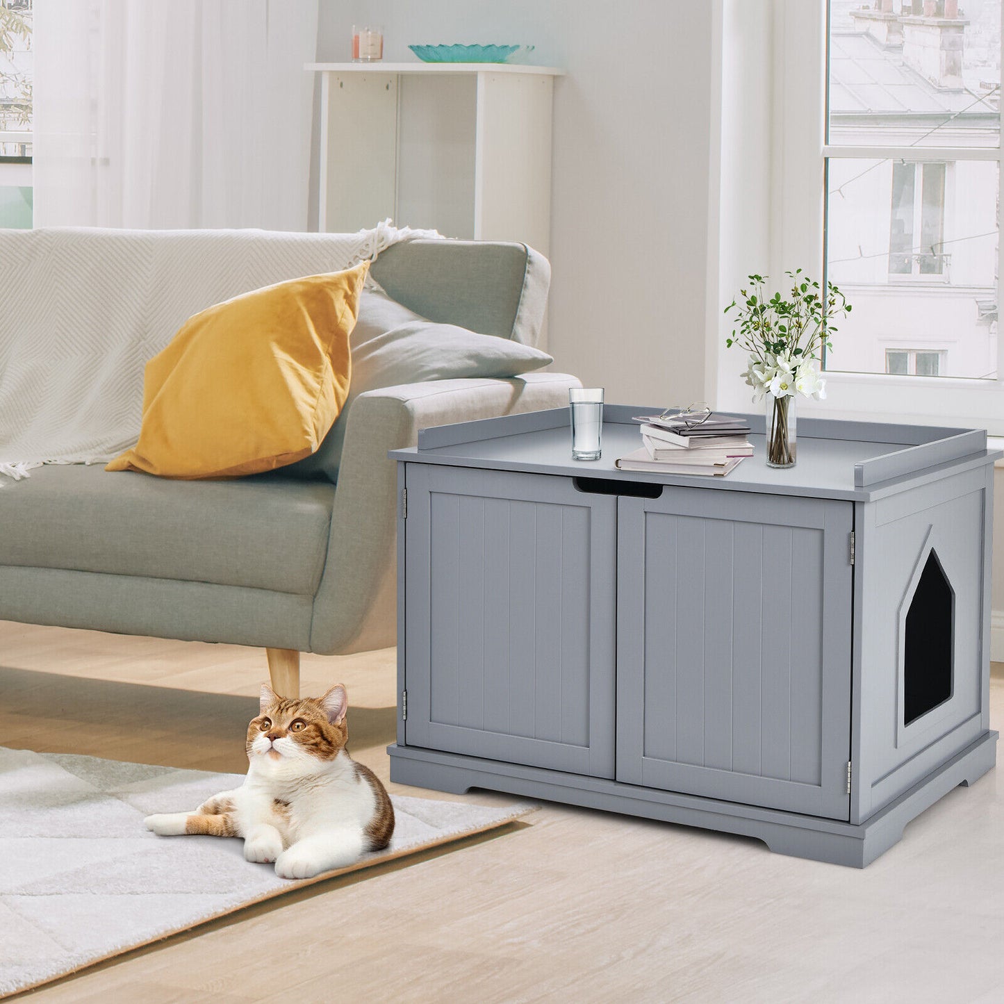 Large Cat Litter Box with Double Doors and Removable Divider-Grey