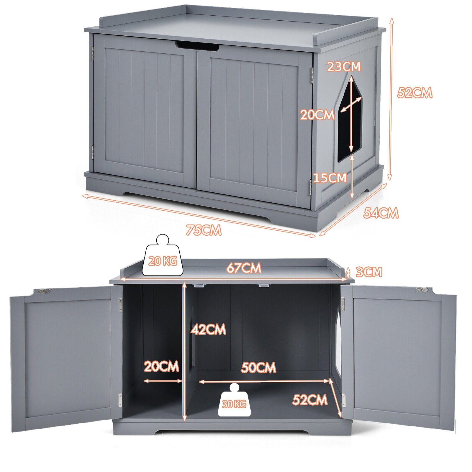 Large Cat Litter Box with Double Doors and Removable Divider-Grey