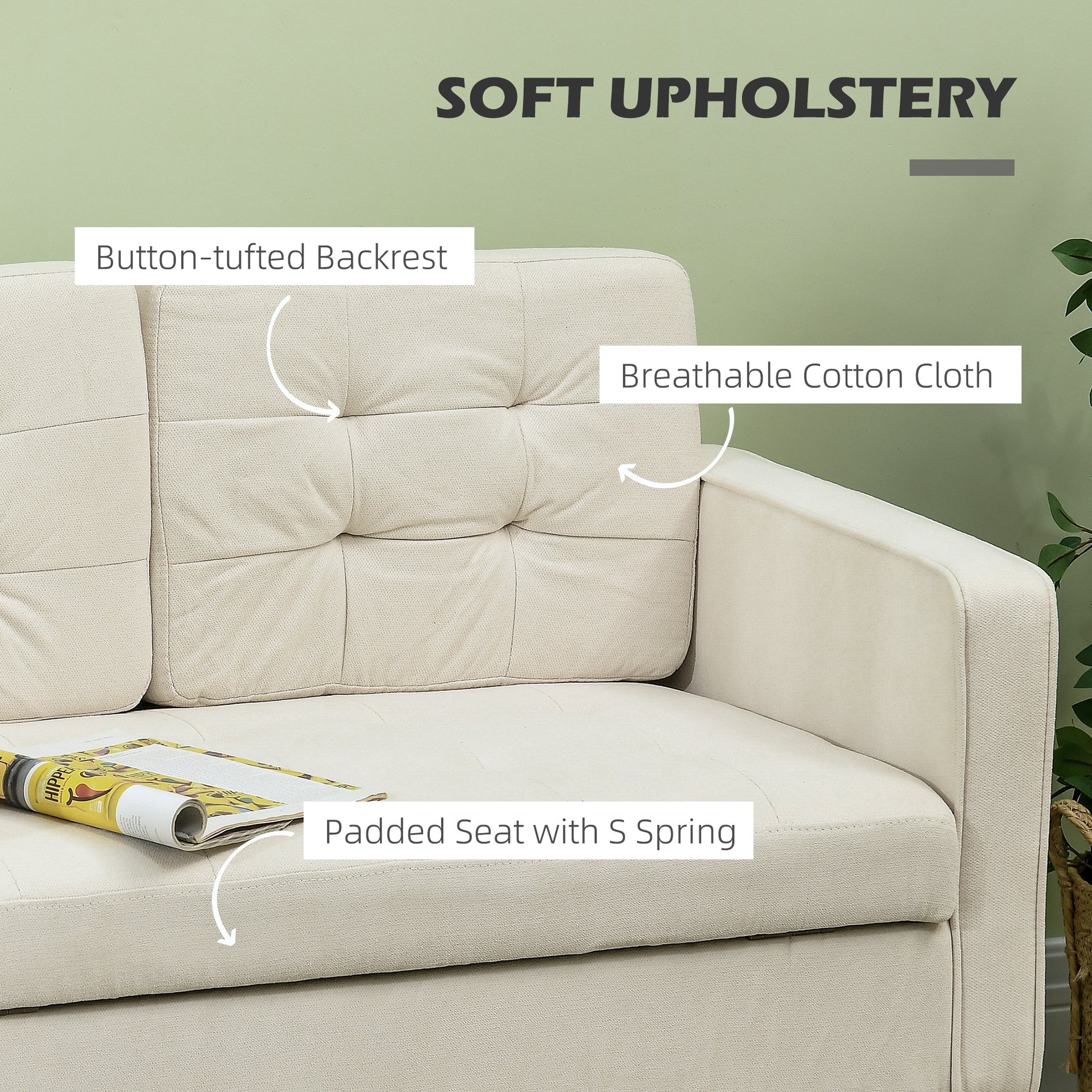 HOMCOM Modern Loveseat Sofa, Compact 2 Seater Sofa with Hidden Storage, 117cm Tufted Cotton Couch with Wood Legs, Cream White