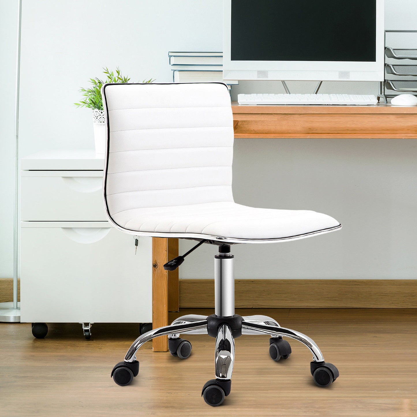 HOMCOM Adjustable Swivel Office Chair with Armless Mid-Back in PU Leather and Chrome Base - White