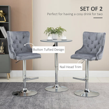 HOMCOM Modern Adjustable Bar Stools Set of 2, Swivel Velvet Barstools with Button Tufted Back, Footrest, Nailhead Trim for Home Bar, Grey