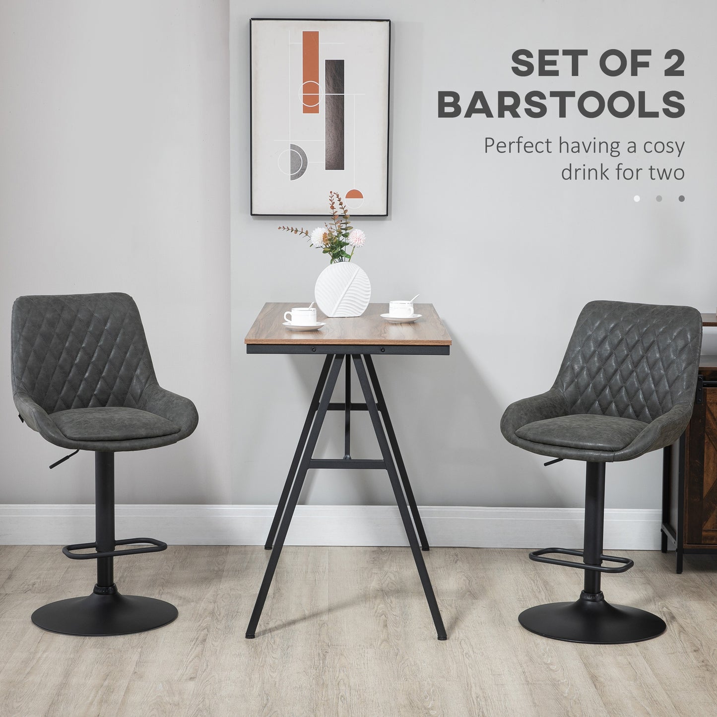 HOMCOM Retro Bar Stools Set of 2, Adjustable Kitchen Stool, Upholstered Bar Chairs with Back, Swivel Seat, Dark Grey