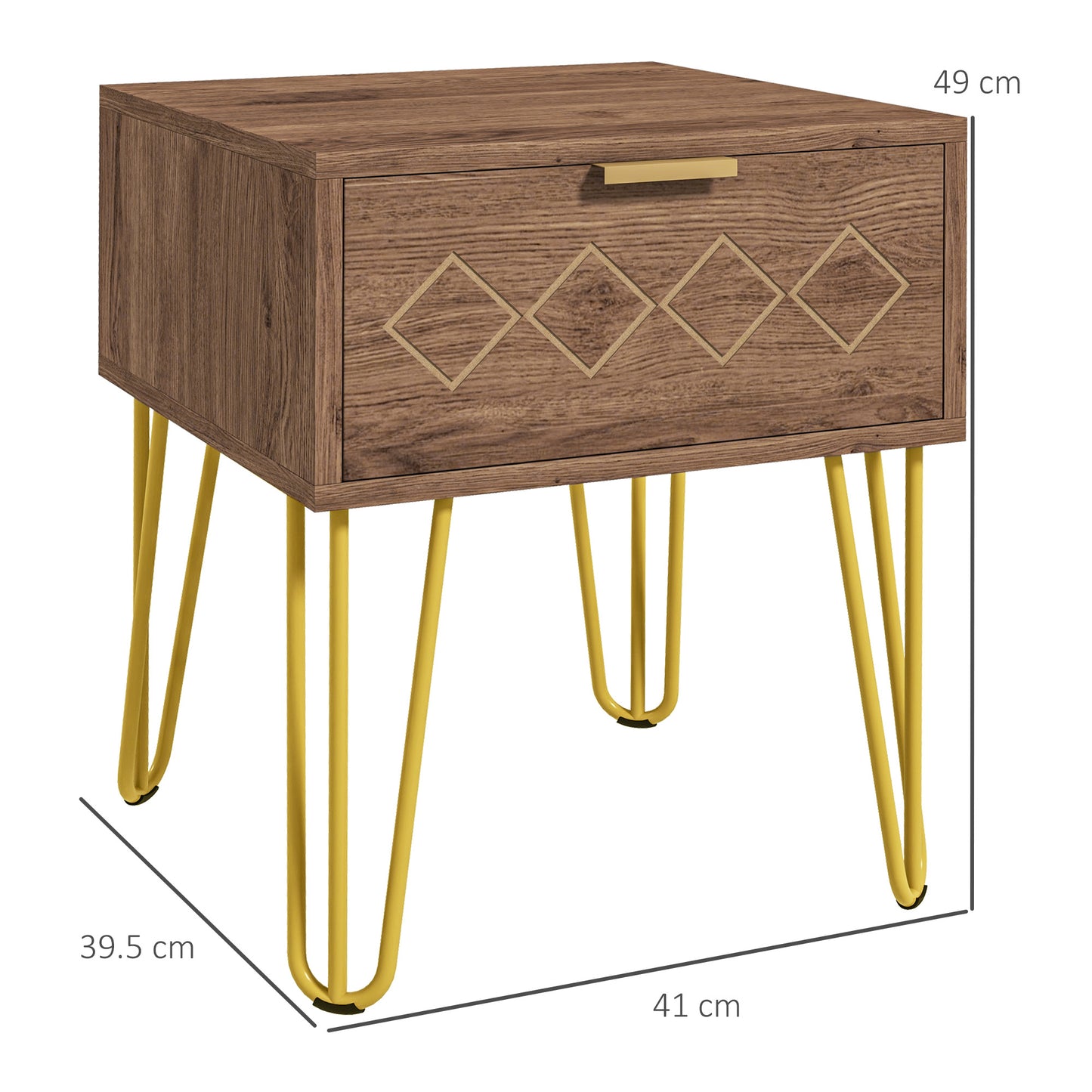 HOMCOM Bedside Table with Drawer, Wooden Nightstand, Modern Sofa Side Table with Gold Tone Metal Legs for Living Room, Bedroom