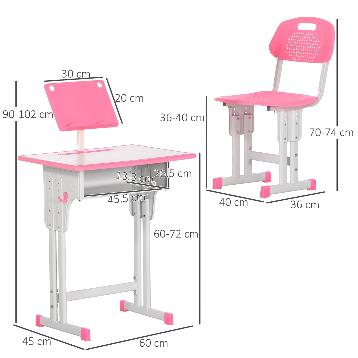 HOMCOM Kids Desk and Chair Set, Height Adjustable Study Table Set with Storage Drawer, Book Stand, Cup Holder, Pen Slot, Pink