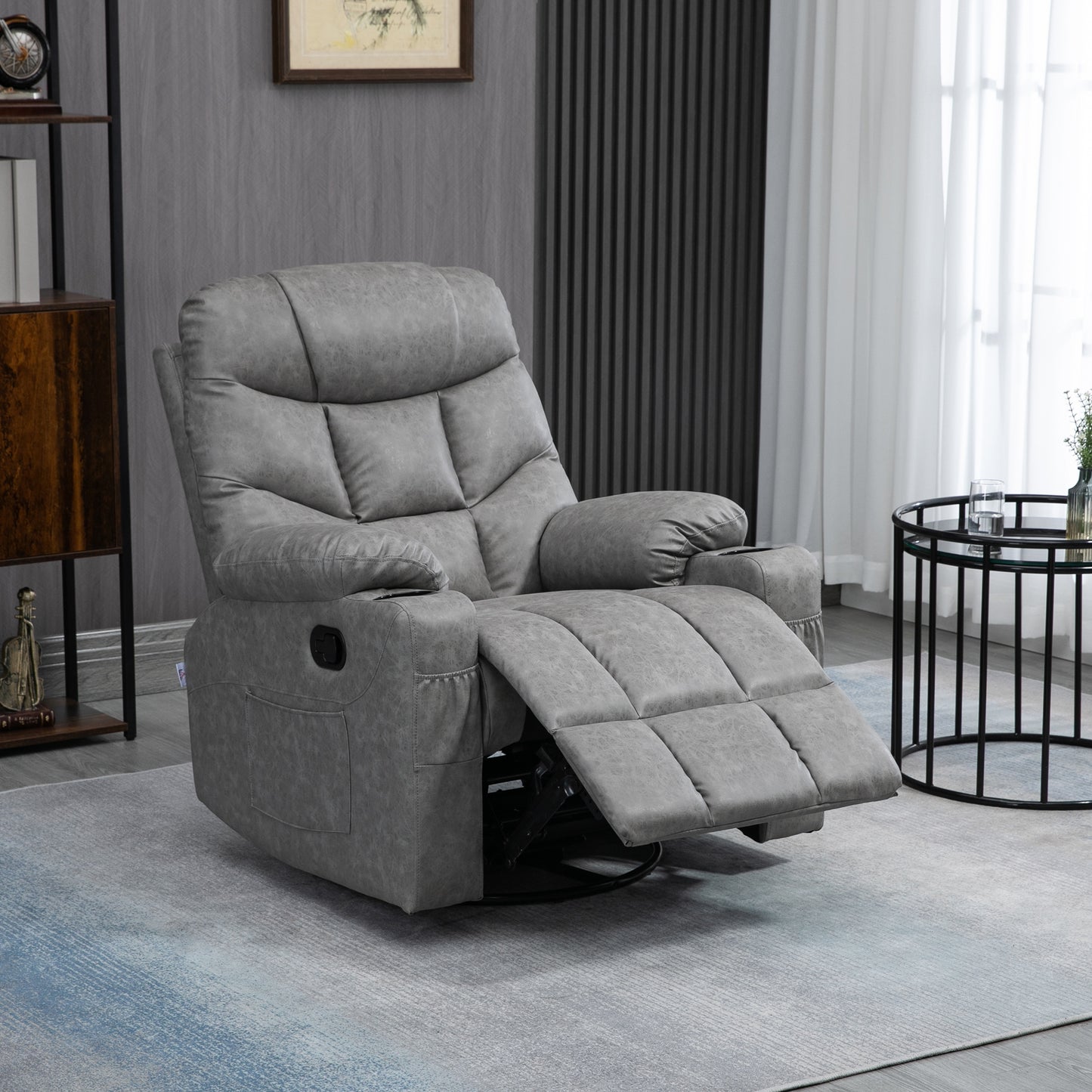 HOMCOM Manual Reclining Chair, Recliner Armchair with Faux Leather, Footrest, Cup Holders, 86x93x102cm, Grey