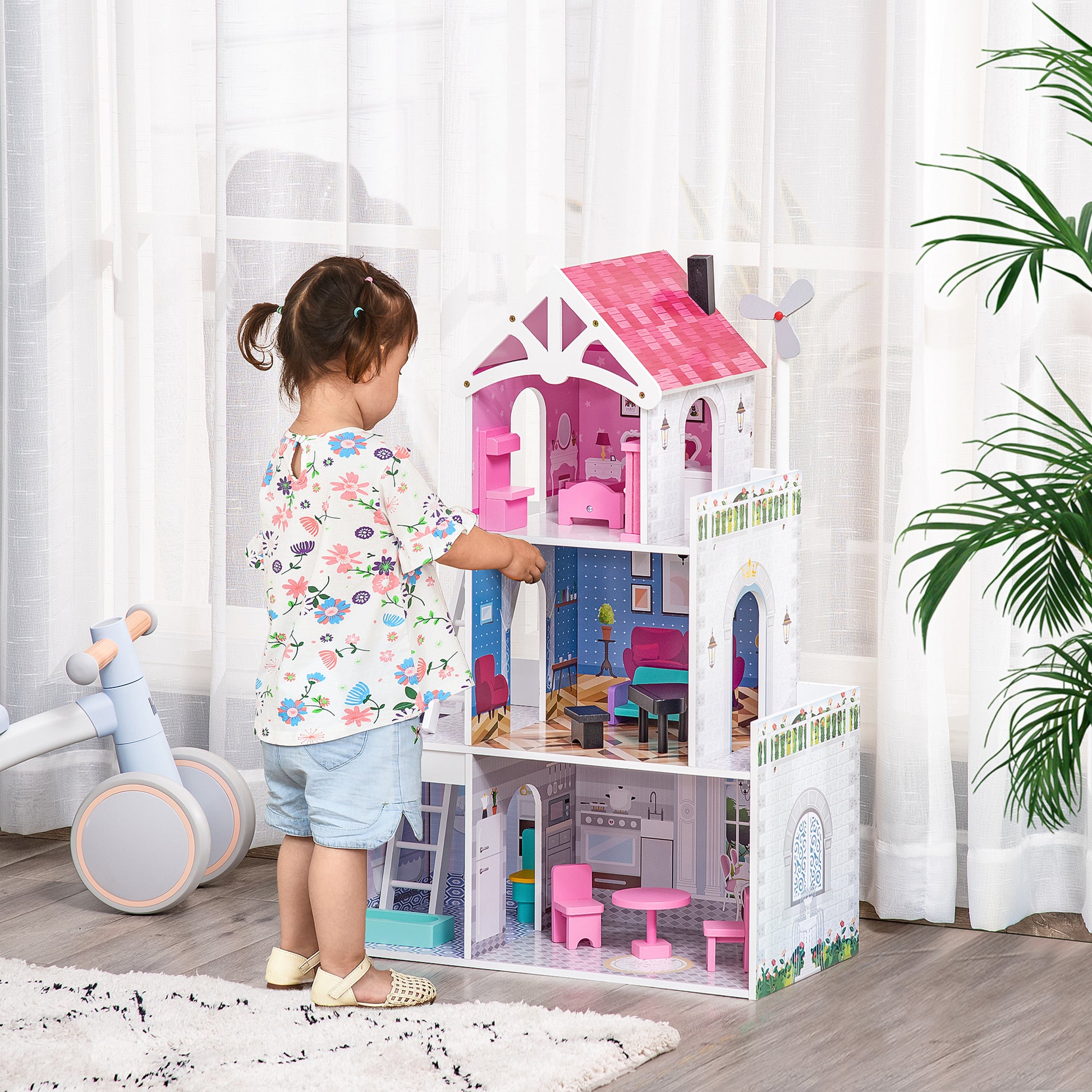 HOMCOM Kids Dollhouse Dreamhouse Villa for Toddler Girls Multi-level House for Children with Furniture Accessories Kit Pink