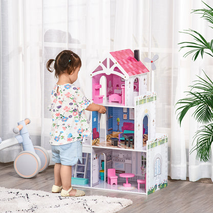 HOMCOM Kids Dollhouse Dreamhouse Villa for Toddler Girls Multi-level House for Children with Furniture Accessories Kit Pink