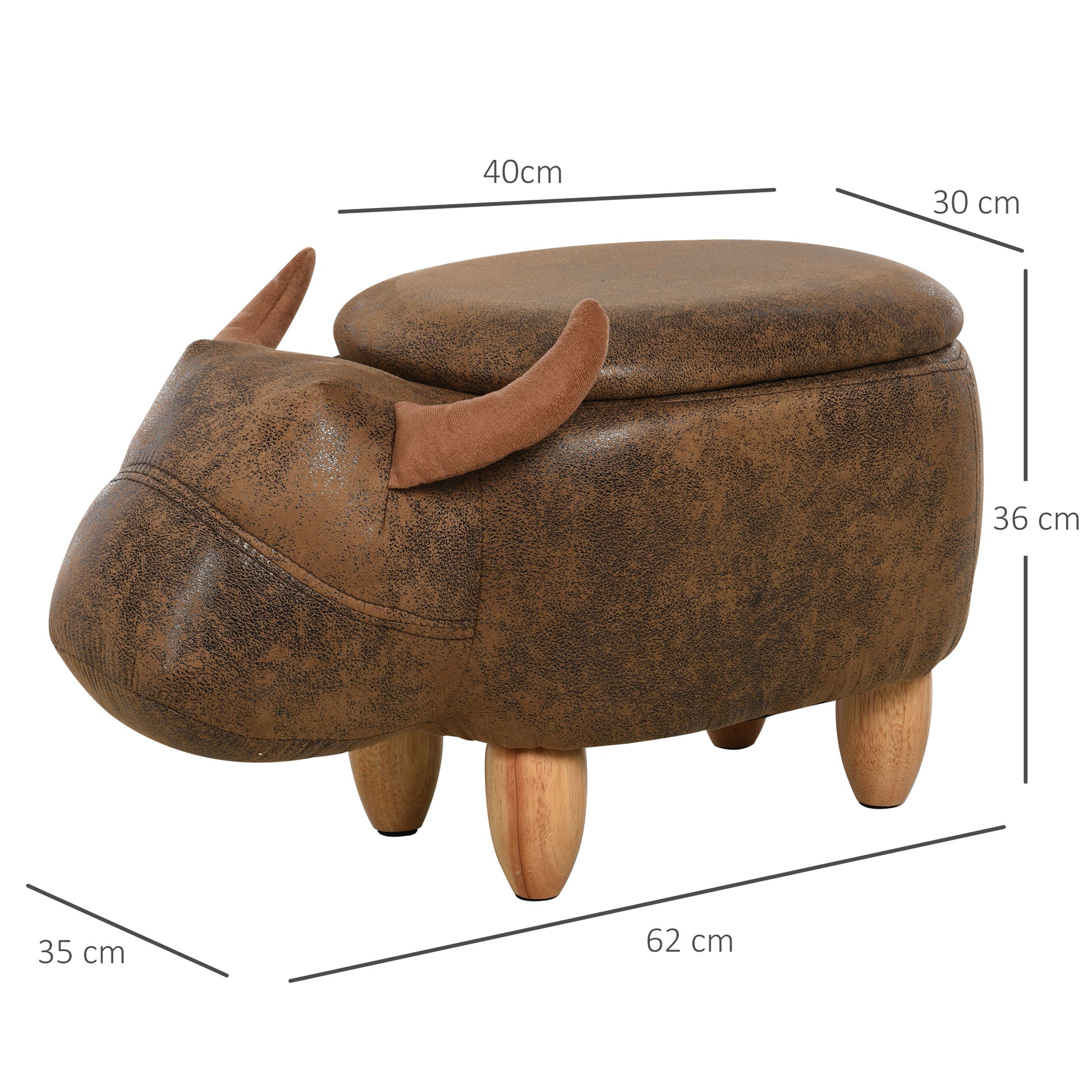 HOMCOM Animal footstool Buffalo Storage Stool Cute Kids Decoration Wood Frame Legs w/Padding Lid Ottoman Furniture Brown