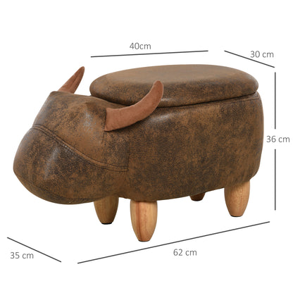 HOMCOM Animal footstool Buffalo Storage Stool Cute Kids Decoration Wood Frame Legs w/Padding Lid Ottoman Furniture Brown