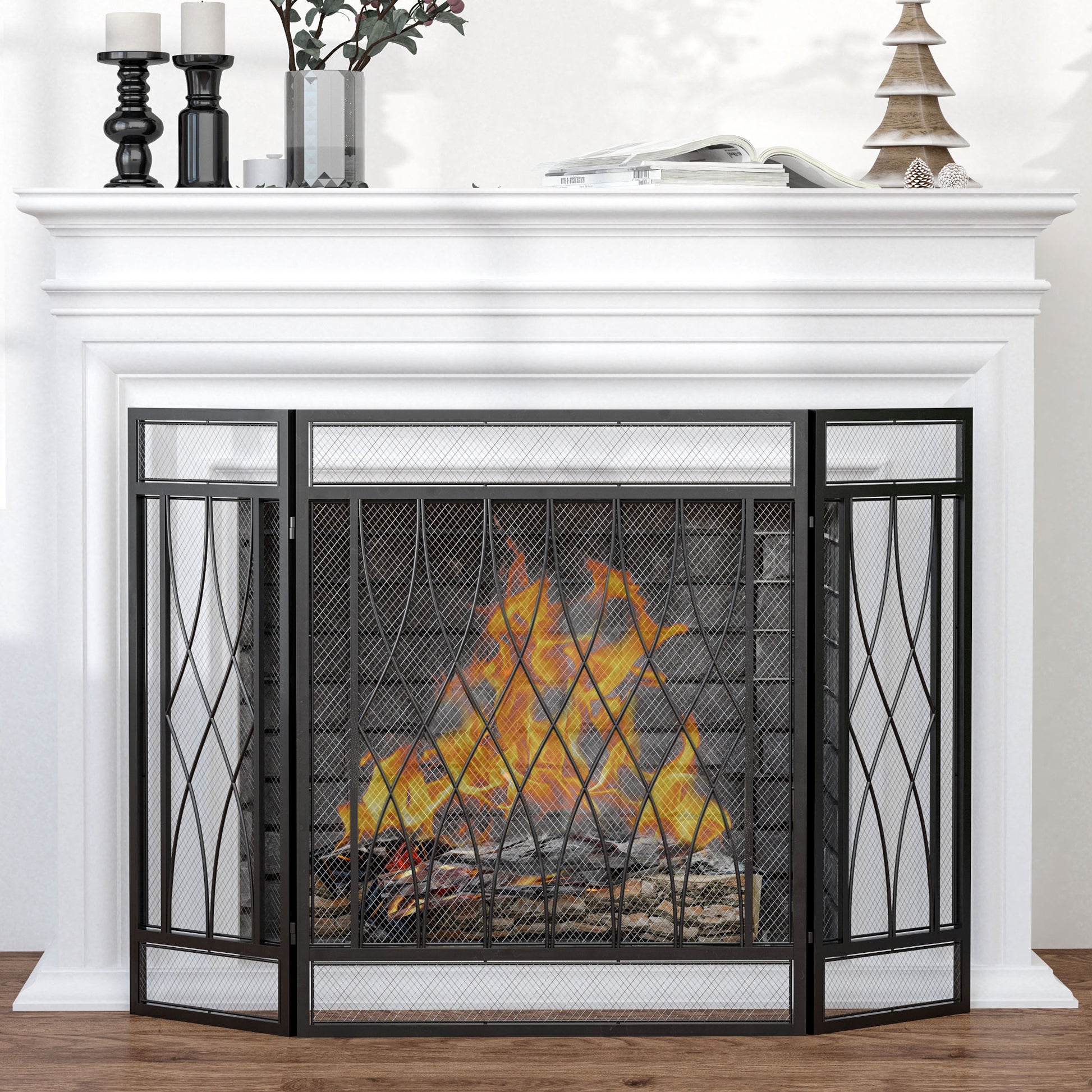 HOMCOM 3-Panel Folding Fireplace Screen, Metal Mesh Fire Spark Guard, 126L x 3W x 80H cm-Black