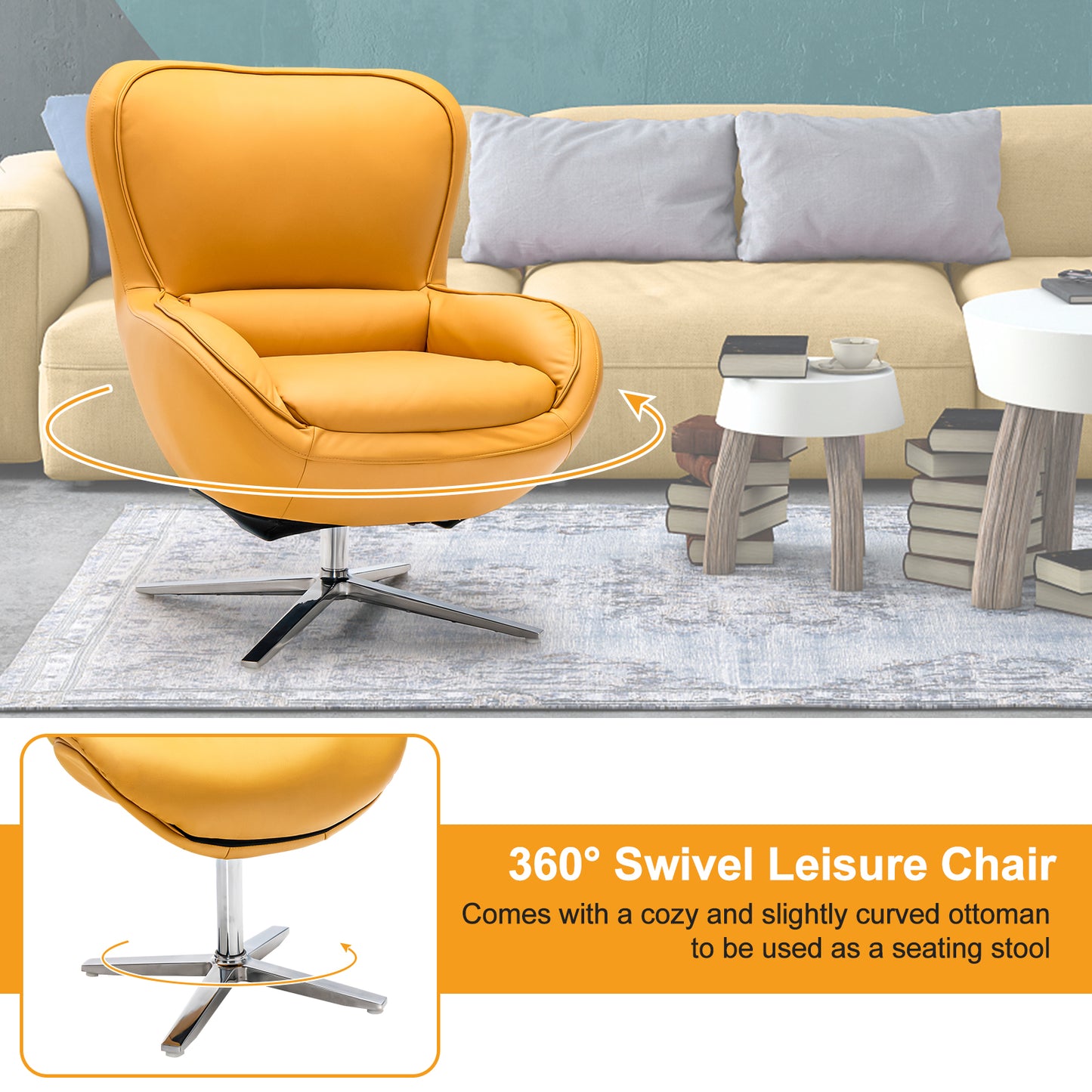 360° Swivel Lounge Chair and Ottoman Set for Home Office-Yellow