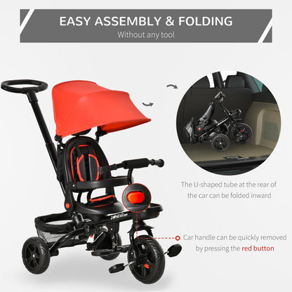 HOMCOM 4 in 1 Tricycle 3 Wheels Pushchair Toddler Stroller Foldable Pedal Trike w/ Reversible Angle Adjustable Seat for 1-5 Years, Red