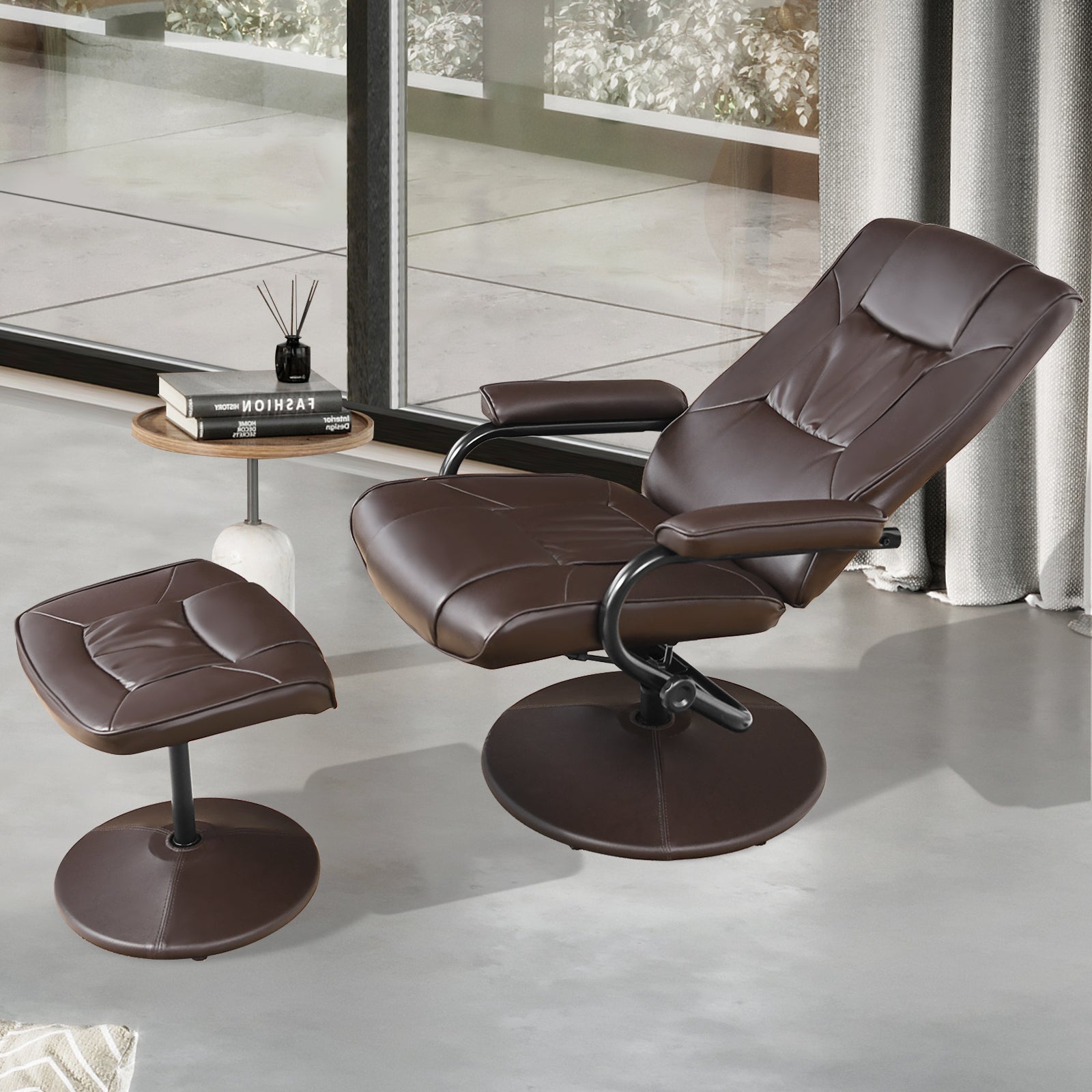 Swivel Recliner Chair with Footstool and Adjustable Backrest-Brown