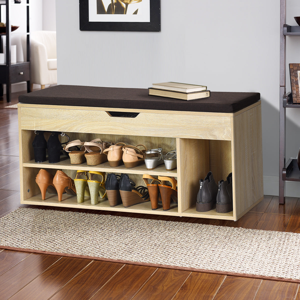 Shoe Bench with Hidden Compartment and Open Shelves-Natural