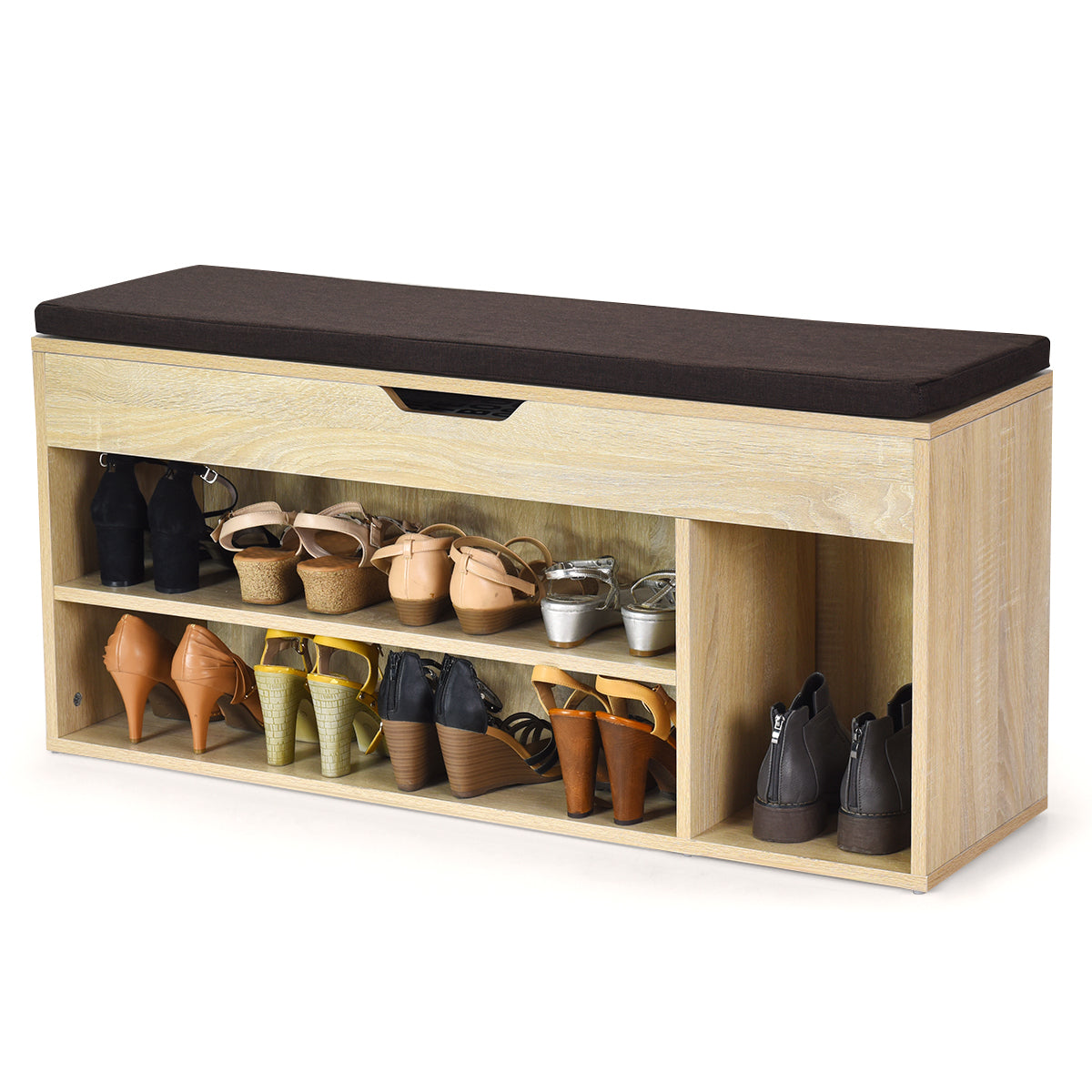 Shoe Bench with Hidden Compartment and Open Shelves-Natural