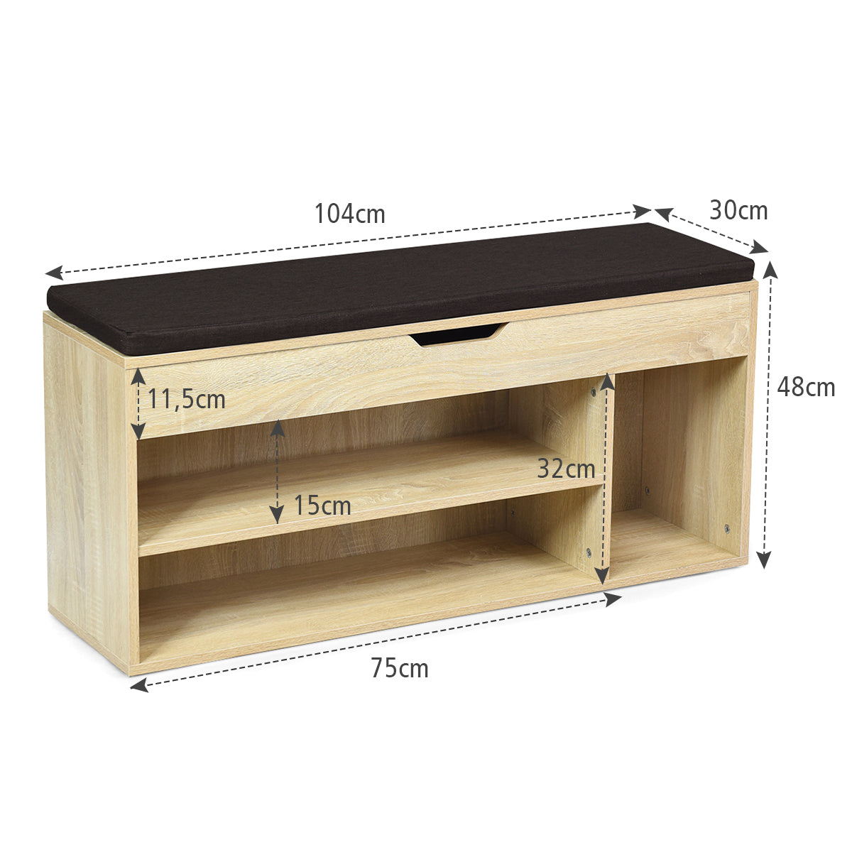 Shoe Bench with Hidden Compartment and Open Shelves-Natural