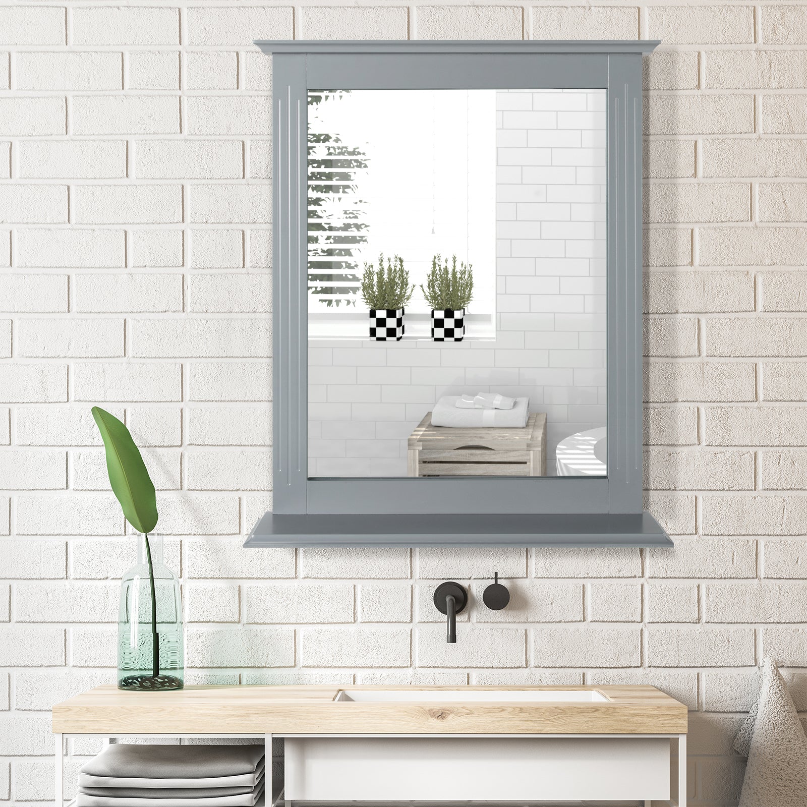 Modern Wall-mounted Rectangular Bathroom Mirror with Storage Shelf-Grey