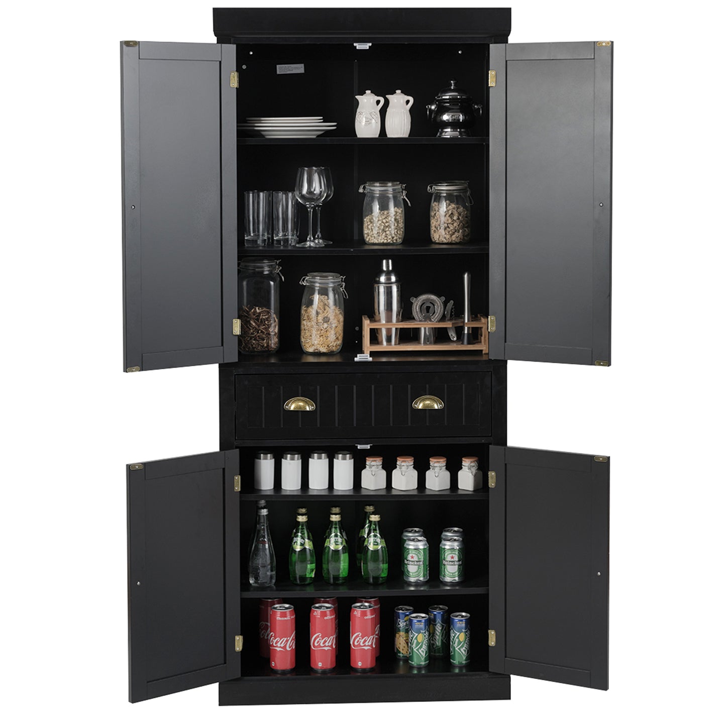 4-Door Tall Kitchen Cupboard Adjustable Shelves and Drawer-Black