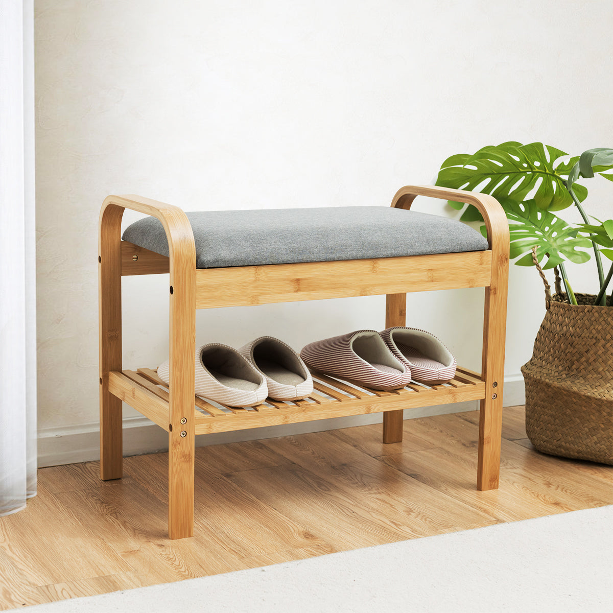 Bamboo Shoe Rack Bench with Cushioned Seat and Storage Space-Natural