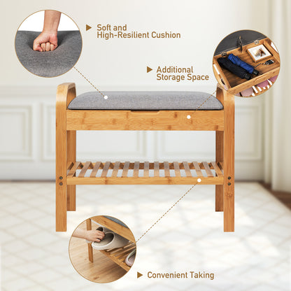 Bamboo Shoe Rack Bench with Cushioned Seat and Storage Space-Natural