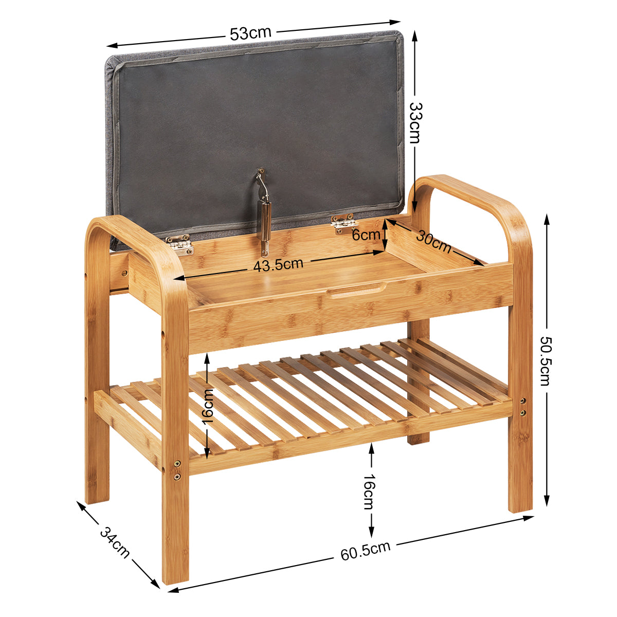 Bamboo Shoe Rack Bench with Cushioned Seat and Storage Space-Natural