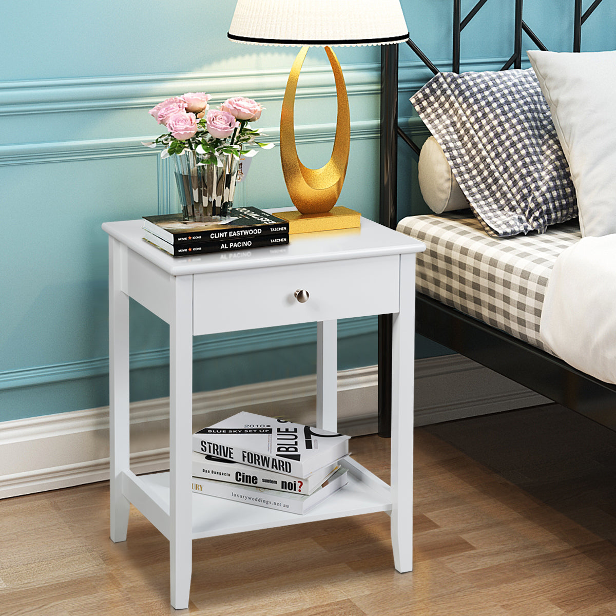 Set of 2 Bedside Couch Sofa Table with Sliding Drawer-White