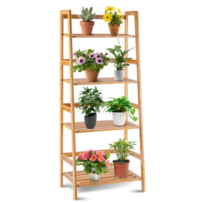 4 Tier Bamboo Plant Stand with Rear Bar and Slatted Tier Design  