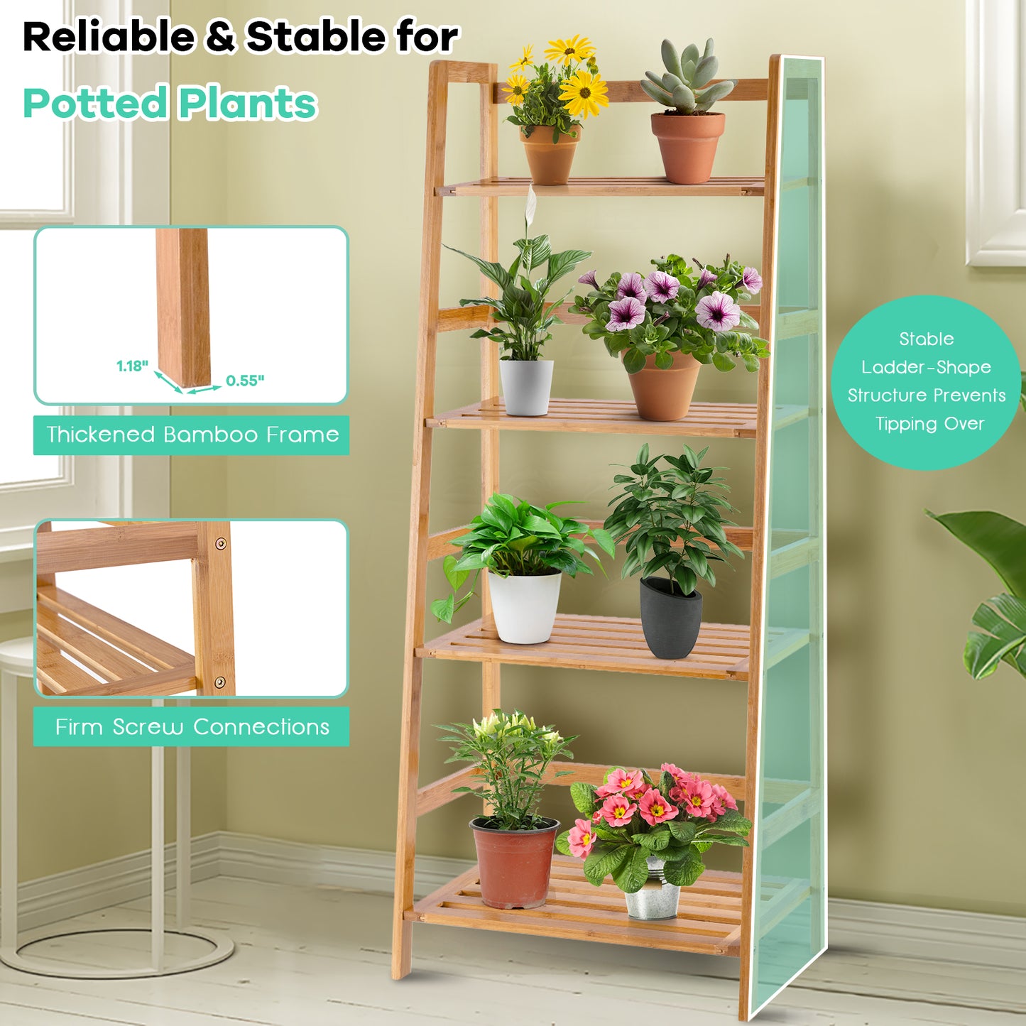 4 Tier Bamboo Plant Stand with Rear Bar and Slatted Tier Design  