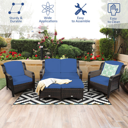 5 Pieces Patio Furniture Set with Removable Cushions and Loveseat-Navy