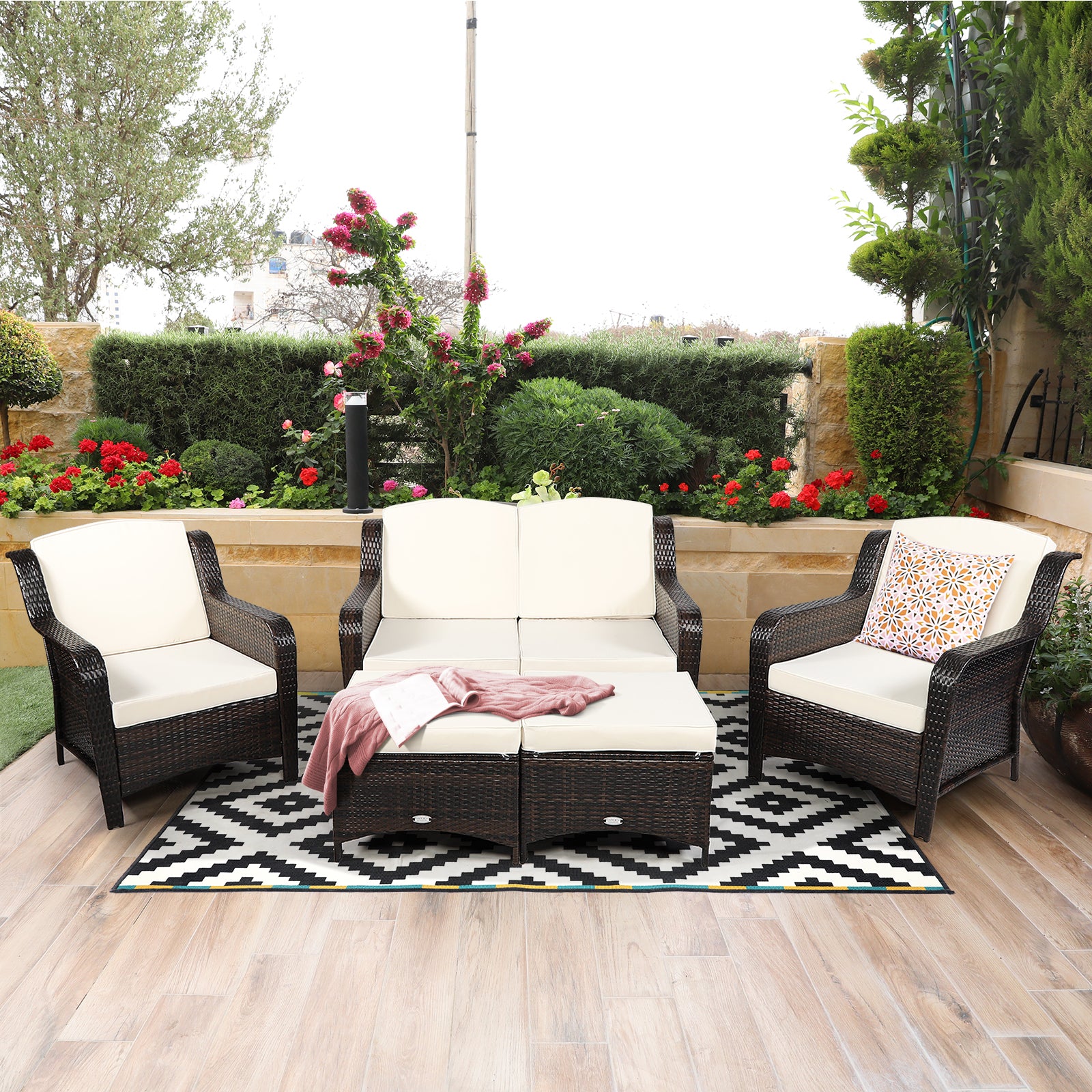 5 Pieces Patio Furniture Set with Removable Cushions and Loveseat-White