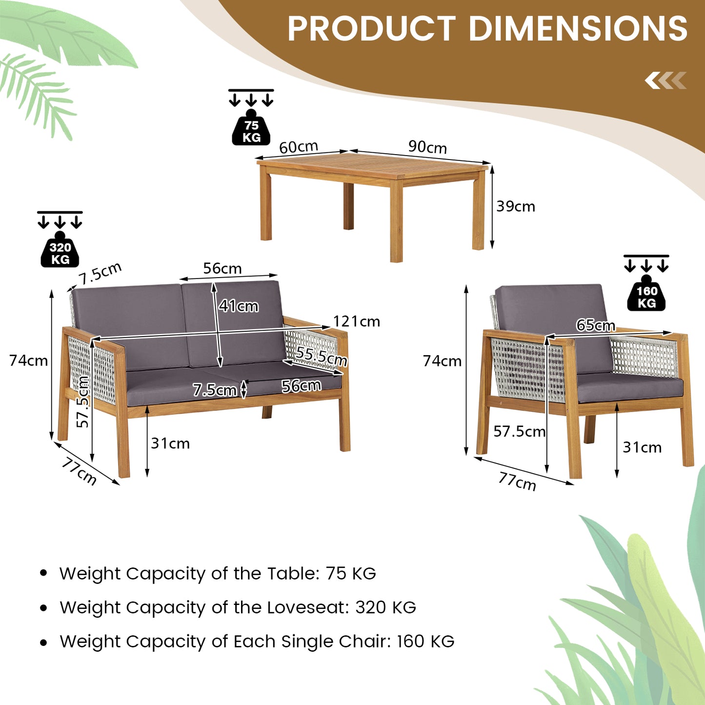 4 Pieces Wicker Patio Furniture Set with Loveseat Coffee Table and Chairs-Grey