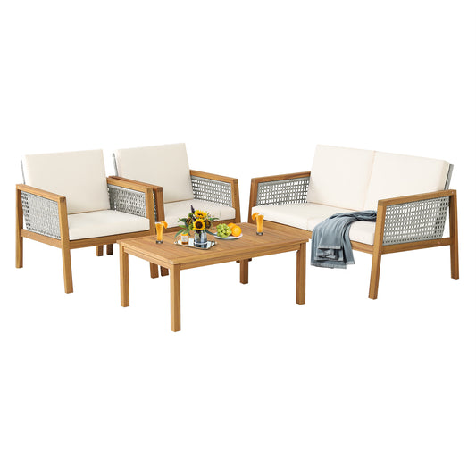 4 Pieces Wicker Patio Furniture Set with Loveseat Coffee Table and Chairs-White