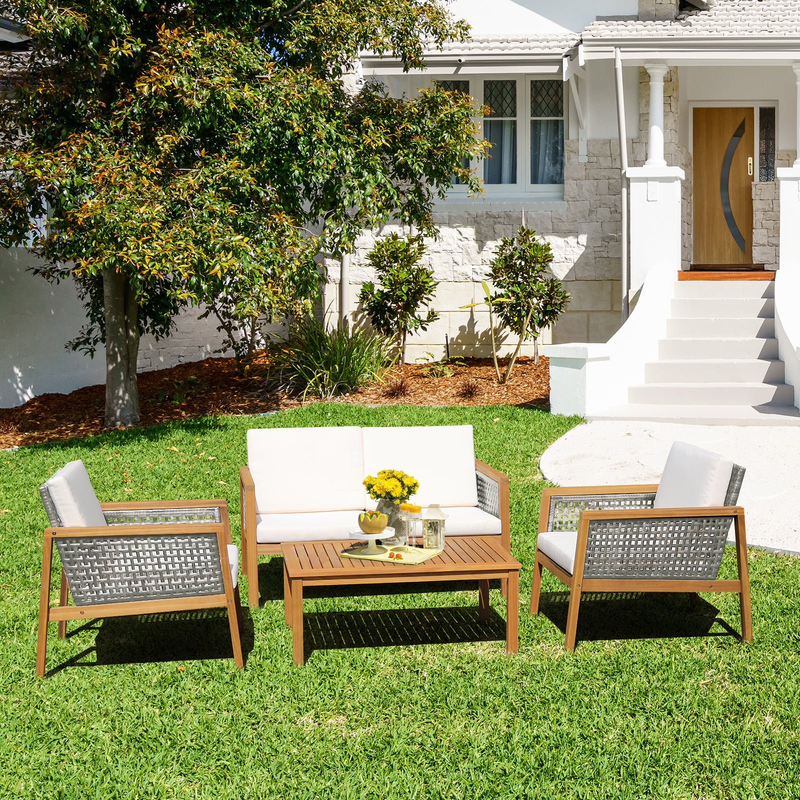 4 Pieces Wicker Patio Furniture Set with Loveseat Coffee Table and Chairs-White