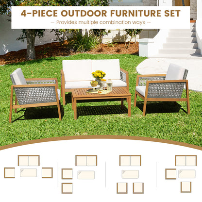 4 Pieces Wicker Patio Furniture Set with Loveseat Coffee Table and Chairs-White