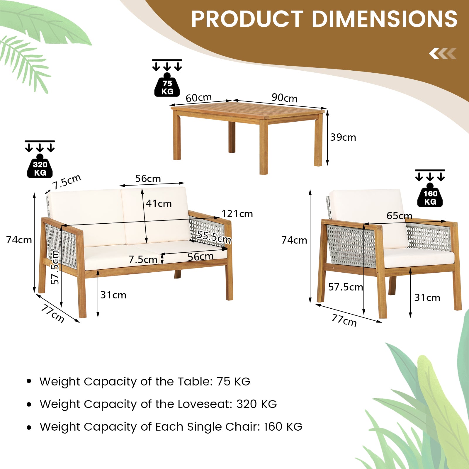 4 Pieces Wicker Patio Furniture Set with Loveseat Coffee Table and Chairs-White