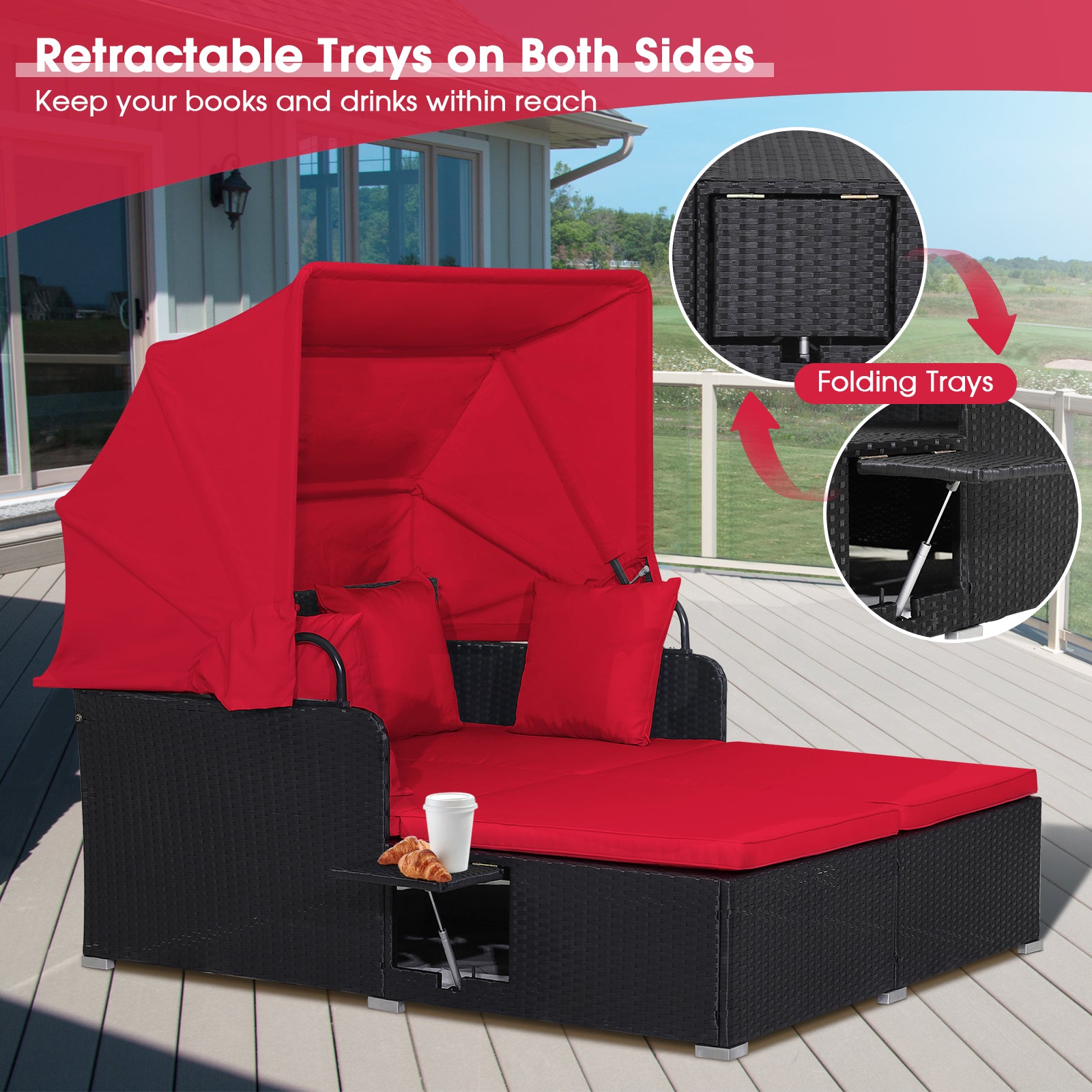 Garden Rattan Daybed with Retractable Canopy and Cushions-Red