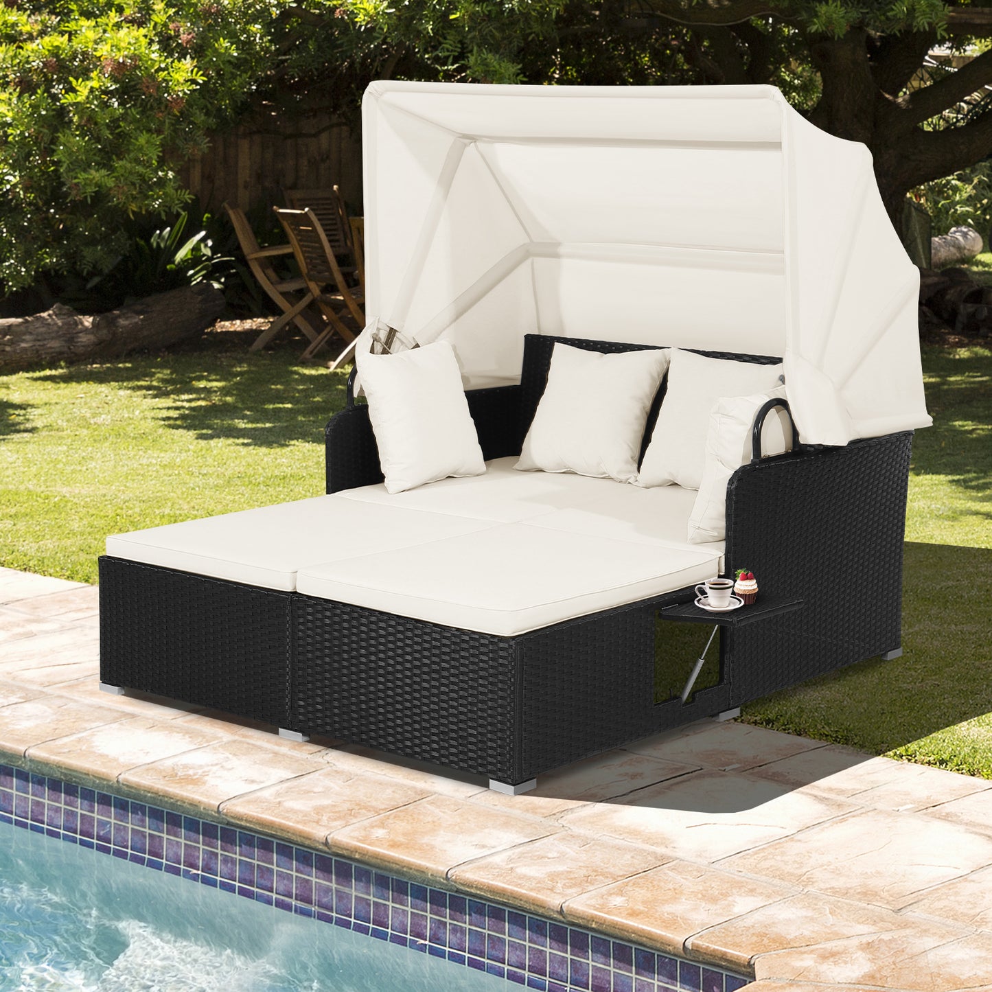 Patio Rattan Daybed with Retractable Canopy and Side Trays and Cushions-White