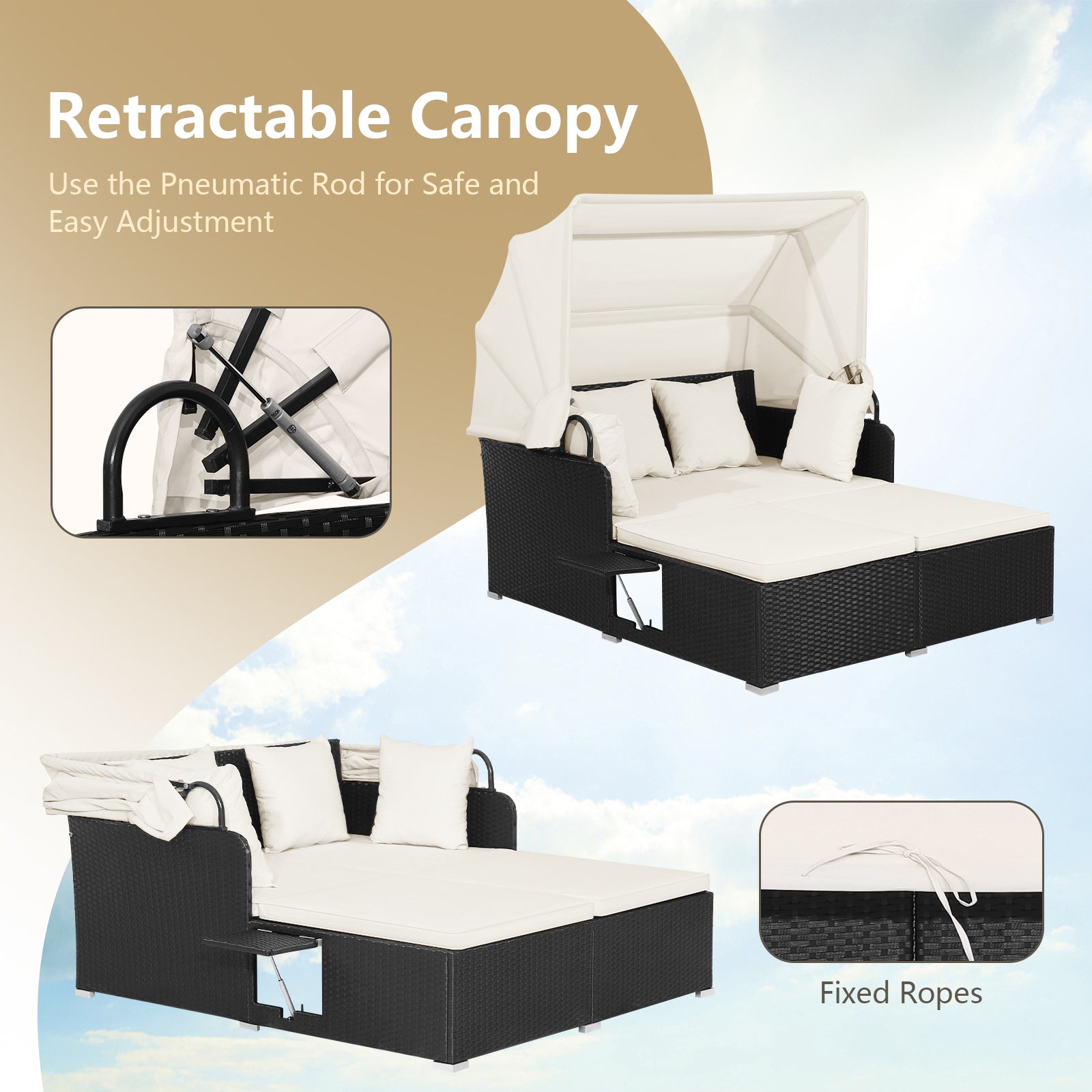 Patio Rattan Daybed with Retractable Canopy and Side Trays and Cushions-White