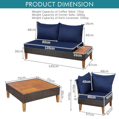 4 Pieces Patio Rattan Furniture Set with Removable Cushions and Pillows-Navy