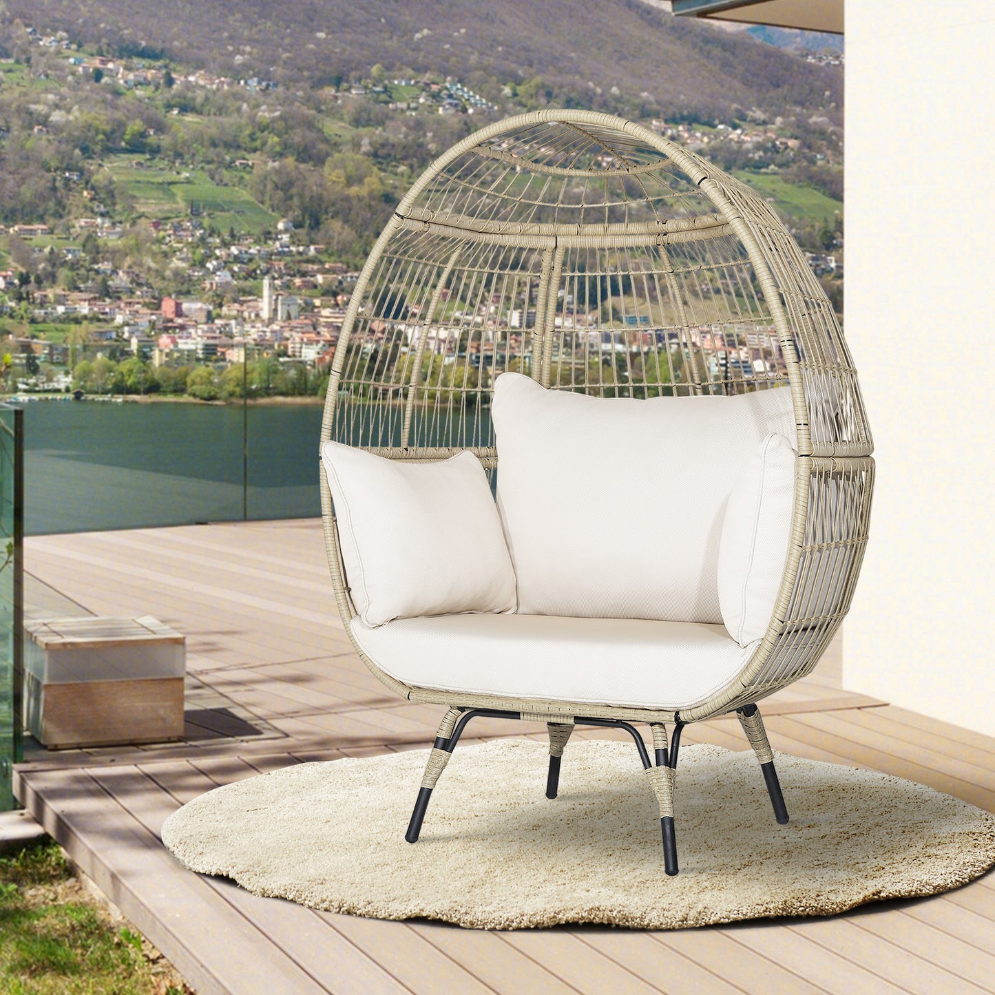 Oversized Rattan Egg Chair with 4 Cushions for Balcony Backyard