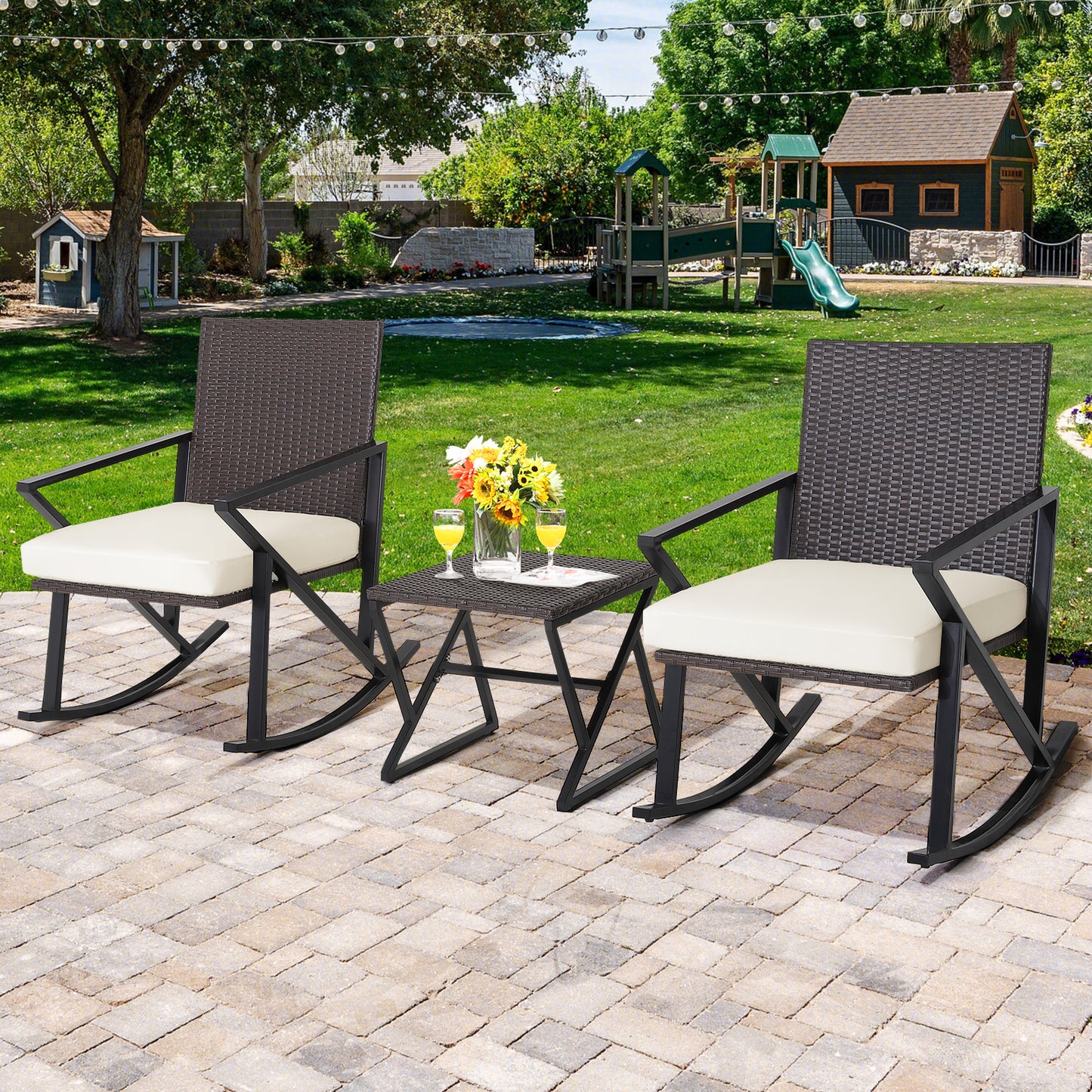 3 Pieces Rattan Patio Bistro Set with Rocking Chairs and Table